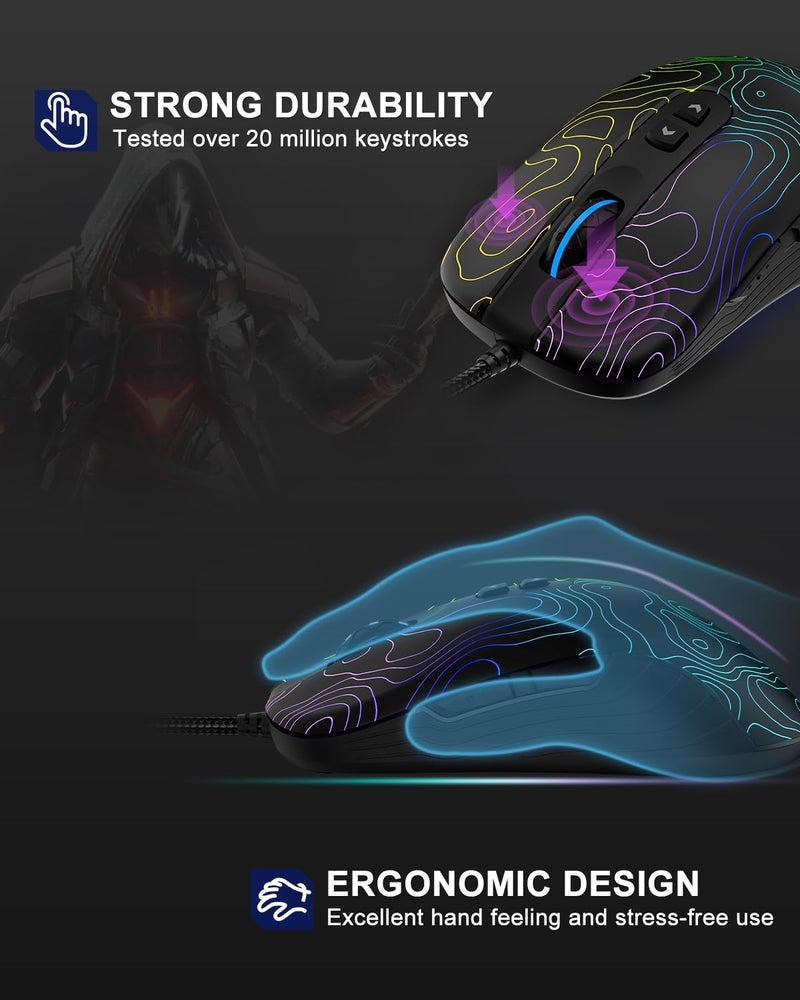COSTOM Womier G706 USB Wired Gaming Mouse for PC Computer Windows Mac Laptop, Lightweight Silent RGB Backlit Mouse with Adjustable 12000DPI/7 Programmable Side Buttons,Kanagawa Theme (Black Topographic) - Image 3